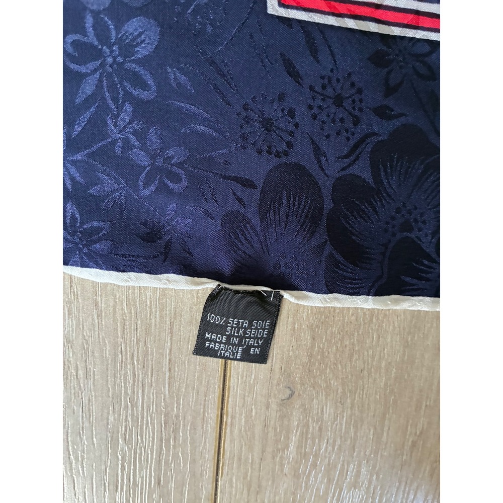 Vintage 100% Silk Scarf Italy Floral Jacquard Navy Blue Red Square Foulard - Picture 5 of 7